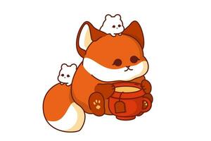 Herbst kawaii Fuchs Jungtier. charmant Vektor Herbst kawaii Clip Art Illustration von ein süß Fuchs Jungtier Charakter nippen Tee, einstellen auf ein isoliert ausgeschnitten Hintergrund.