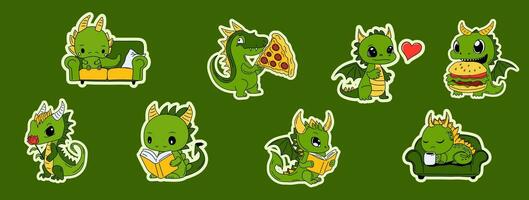 uppsättning av vektor stock illustration isolerat emoji tecken grön tecknad serie drake dinosaurie skrattar klistermärke uttryckssymbol för webbplats, info grafik, video, animation, webbplatser, post, nyhetsbrev, rapporter, komisk