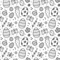 söt sömlös mönster med påsk ägg, fjärilar, Nyckelpigor och blommor. vektor ritad för hand klotter illustration. perfekt för Semester mönster, skriva ut, dekorationer omslag papper, tapet.