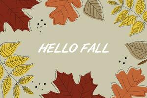 Zeichen Hallo fallen auf das Beige Hintergrund mit bunt Herbst Blätter. eben Vektor Illustration zum Herbst Design, Dekor, Postkarten, Plakate und Drucken.