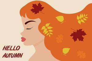 Herbst rothaarig Mädchen mit Entwicklung Haar und Herbst Blätter im ihnen. eben Vektor Illustration zum Herbst Design, Dekor, Postkarten, Plakate und Drucken