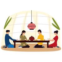 asiatisk familj sitter tillsammans på golvet och äter middag vektor