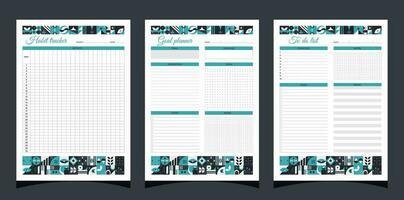 Planer einstellen Geometrie. Habbit Tracker, zu tun aufführen und Tor Planer. Planer druckbar Vorlage mit geometrisch Formen. leer Weiß Notizbuch Seite a4. Vektor Illustration.