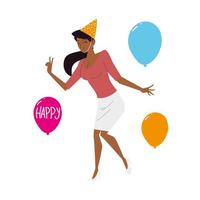 vacker kvinna med fest hatt och ballonger firande vektor