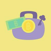 lila pengar sparande väska med gul mynt, grön sedel och de lila nyckel med gul bakgrund. vektor