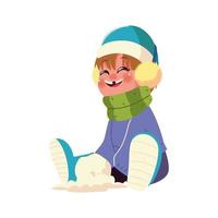 glücklicher Junge, der mit Winterkleidung und Schneeball sitzt vektor