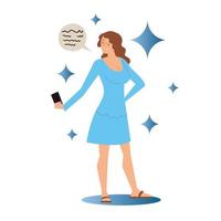 Frau im blauen Kleid mit Smartphone macht Selfie vektor