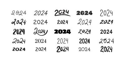2024 Beschriftung Sammlung. einstellen von 2024 glücklich Neu Jahr Hand gezeichnet Symbole. Nummer Vorlage, Logo, Poster, Gruß Karte Design. vektor