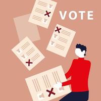 Wahltag, Mann hält Stimmzettel und Papiere abstimmen vektor