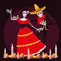 Tag der Toten, Catrina und Skelett mit Kostüm mexikanische Feier vektor