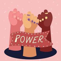 Frauenpower, weibliche Vielfalt erhobene Hände und Banner vektor