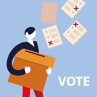 Wahltag, Mann mit Box und Stimmzetteln abstimmen vektor