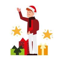 Weihnachtsleute, Mann mit Schal-Geschenkboxen und Sternen, die Saisonparty feiern vektor