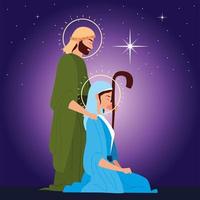 Krippe, Joseph und Maria, leuchtender Stern auf lila Hintergrund vektor