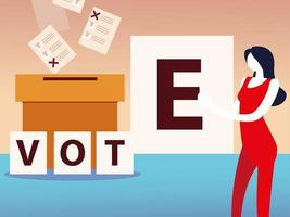 Wahltag, Frau mit Stimmwort und Box mit Stimmzettel vektor