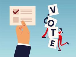 Wahltag, Hand mit Stimmzettel und Leute mit Stimmwort vektor