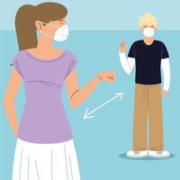 soziale distanzierung, mann und frau mit masken salutieren halten abstandsprävention während des coronavirus covid 19 vektor