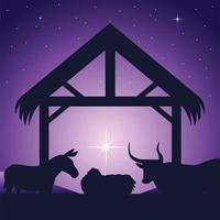 Krippe, Krippe Baby Jesus und Tiere traditionelle Feier religiös, leuchtender Sternhintergrund vektor