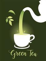 grönt te med koppkruka och bladvektordesign vektor