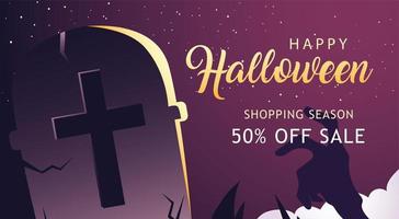 glad halloween shopping säsong med grav och zombie hand vektor design