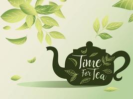 Zeit für Tee mit Kanne und Blättern vektor