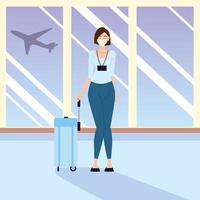 Flughafen neue Normalität, junge Frau, die während der Pandemie reist und persönlicher Schutz vektor