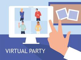 virtuelle Party mit Männerfrauenkarikaturen im Computer und Liebesfriedenshandvektordesign vektor