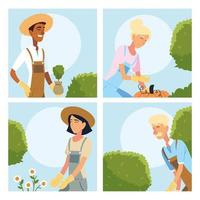 Gärtnerfrauen und -männerkarikaturen mit Pflanzenvektordesign vektor