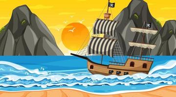 Ozean mit Piratenschiff bei Sonnenuntergangzeitszene im Karikaturstil vektor