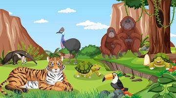 en tiger med andra vilda djur i skogsscen vektor