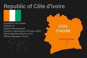mycket detaljerad Elfenbenskarta med flagga, huvudstad och liten världskarta vektor