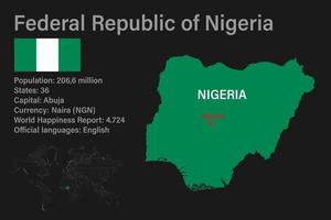 hochdetaillierte Nigeria-Karte mit Flagge, Hauptstadt und kleiner Weltkarte vektor