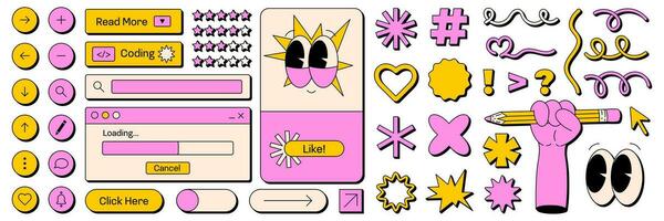 Benutzer Schnittstelle im retro Neobrutalismus Stil. Elemente zum ui ux Design. naiv palayful Formen und Gesicht. Vektor Abbildungen