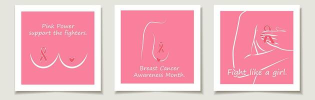 uppsättning av bröst cancer dag kort med uppsättning linje konst bröst. rosa band månad av bröst cancer, internationell bröst cancer dag över hela världen. vektor