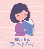 internationell läskunnighetsdag, söt tjejläsebok, randig bakgrund vektor