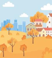 Landschaft im Herbst Naturszene, Vorstadthäuser in Hügelbäumen und städtischer Gebäudehintergrund vektor