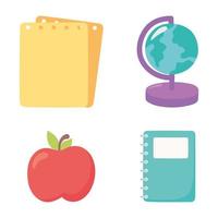 Schulbedarf Apfel Globus Karte Notizbok und Papiere Symbole vektor