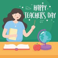 glad lärares dag, lärare i klassrummet med tavlan kartbok och äpple vektor