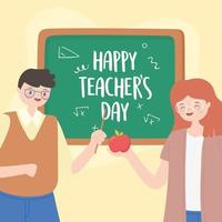 glücklicher Lehrertag, männlicher und weiblicher Lehrer mit Apfel und Tafel vektor