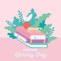 internationell dag för läskunnighet, glasögonbläck och trave böckerutbildning vektor