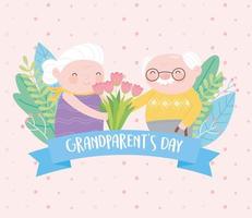 glücklicher Großelterntag, lustige Oma und Opa mit Blumenkarikaturkarte vektor