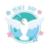Taube des internationalen Friedenstages mit Niederlassung in der Schnabelweltblumenkarikatur flowers vektor