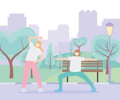 människor med medicinsk ansiktsmask, tjejer som gör stretching sport i urban park, stad aktivitet under coronavirus vektor