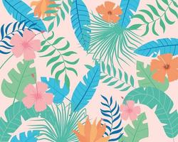 tropiska löv och blommor palmer grenar hibiskus blommig bakgrund vektor