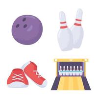 bowling spel boll käglor skor och gränd ikoner platt design vektor