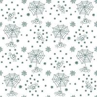 nahtlos Muster mit Hand gezeichnet Gekritzel Halloween Charakter und Objekte - - Karikatur süß wenig Spinne Mädchen mit Bogen auf Kopf und Spinne Netz vektor