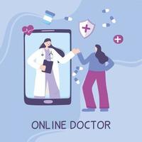 Online-Arzt, Ärztin Videounterstützung für Patienten Smartphone medizinische Beratung oder Beratungsdienst vektor