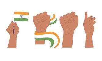 glad självständighetsdag Indien, lyfte händer med flagga och knytnäve gest vektor