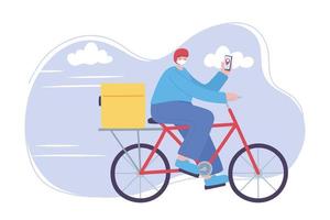 Online-Lieferservice, Mann im Fahrrad mit Maske und Smartphone, schneller und kostenloser Transport, Versand bestellen vektor