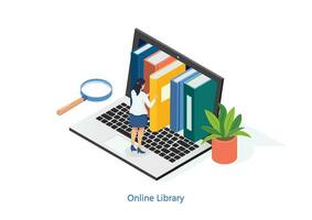 isometrisk utbildning uppkopplad studie begrepp teknologi kunskap design webb e-learning och bok bibliotek vektor illustration.